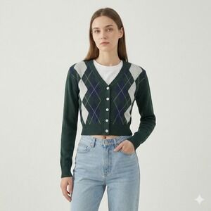 Neo Cropped Argyle Cardigan Sweater Women's S Preppy School Academia V-Neck Knit